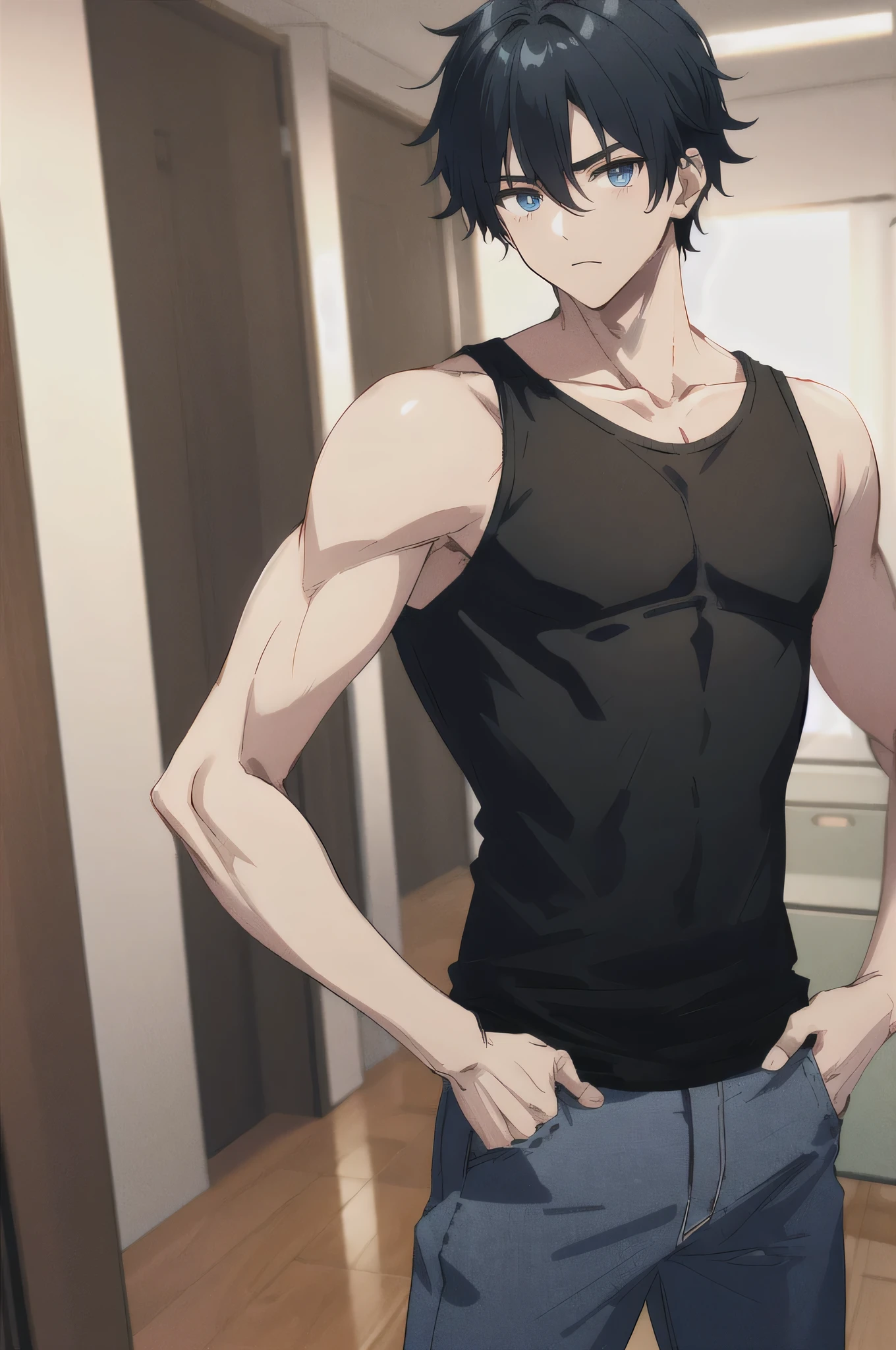 masterpiece、Highest quality、High resolution、(SAMA1:1.1)、1boy、Hino Rei as a beautiful boy、Anime Boys、solo、Long Hair、Black-haired boy、Blue Eyed Boy、Boy wearing a black tank top、Upper Body、1990s \(style\)、Cowboy Shot、Male focus、shrine、View Viewer、tank top with an black、Face Focus、Skin tight tank top、black tank top and jeans only、(male body:1.3)、