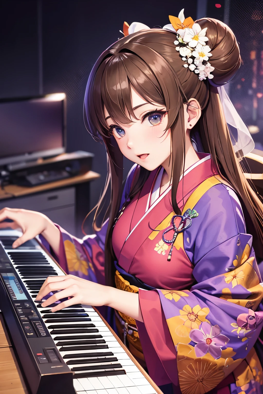Top quality, ample limbs, perfect fingers, slender beauty, twin-tailed bun hairstyle, brown hair, Deresute, A costume of Floral haori and minihakama with a flashy pattern,Band instrumentskeyboard, beautiful large breasts, live stage, Playing Band InstrumentsKeyboard