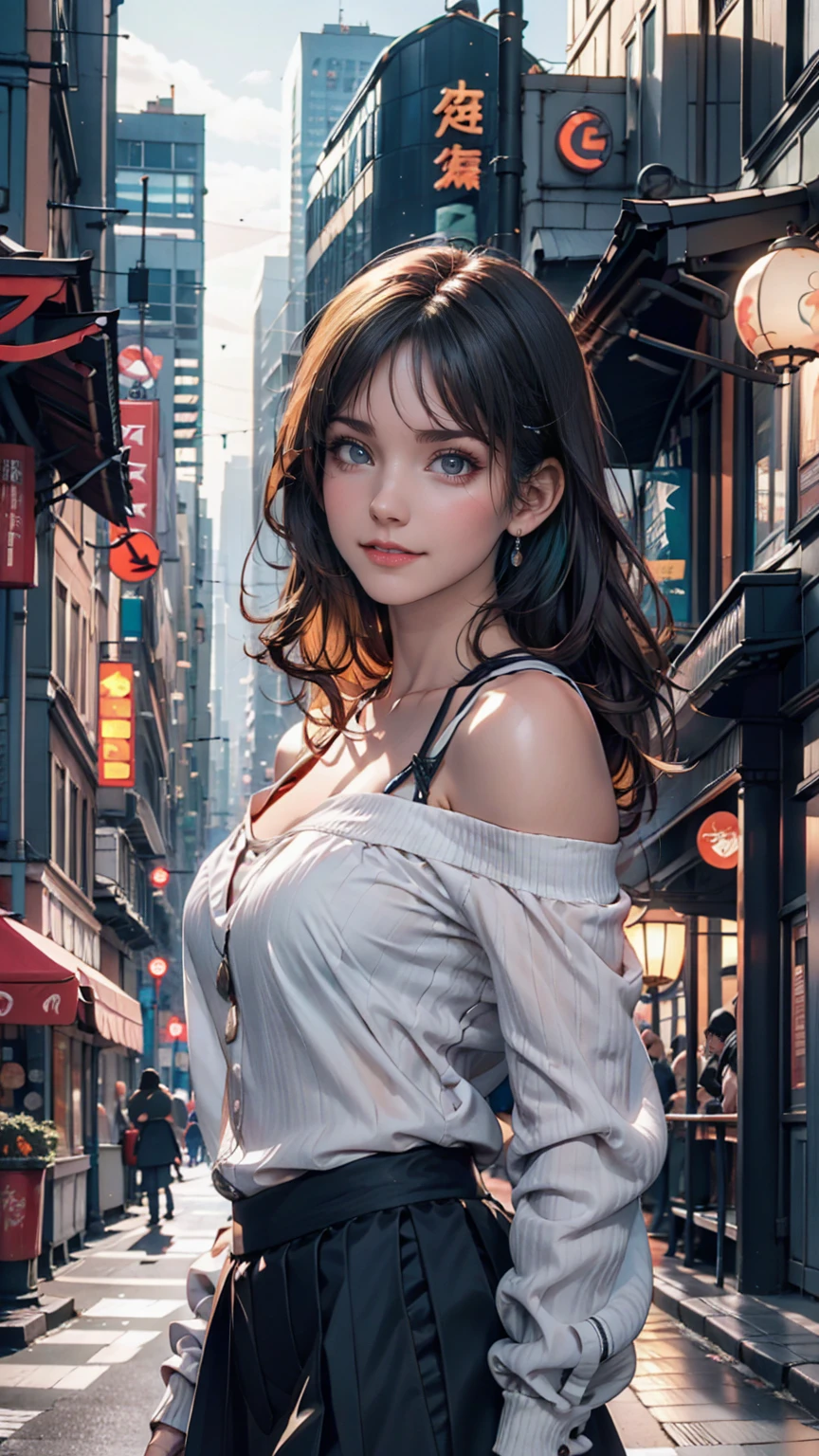 One girl, black_skirt, green_hair, building, city, cityscape, hair_between_eye, Jacket, Looking_in_Audience, Moderate_hair, Multicolor_hair, multiple_boy, night, off_shoulder, Outdoor, pleined_skirt, road, shirt, skirt, Skyscraper, smile, 一人in_concentrated, street, white_shirt