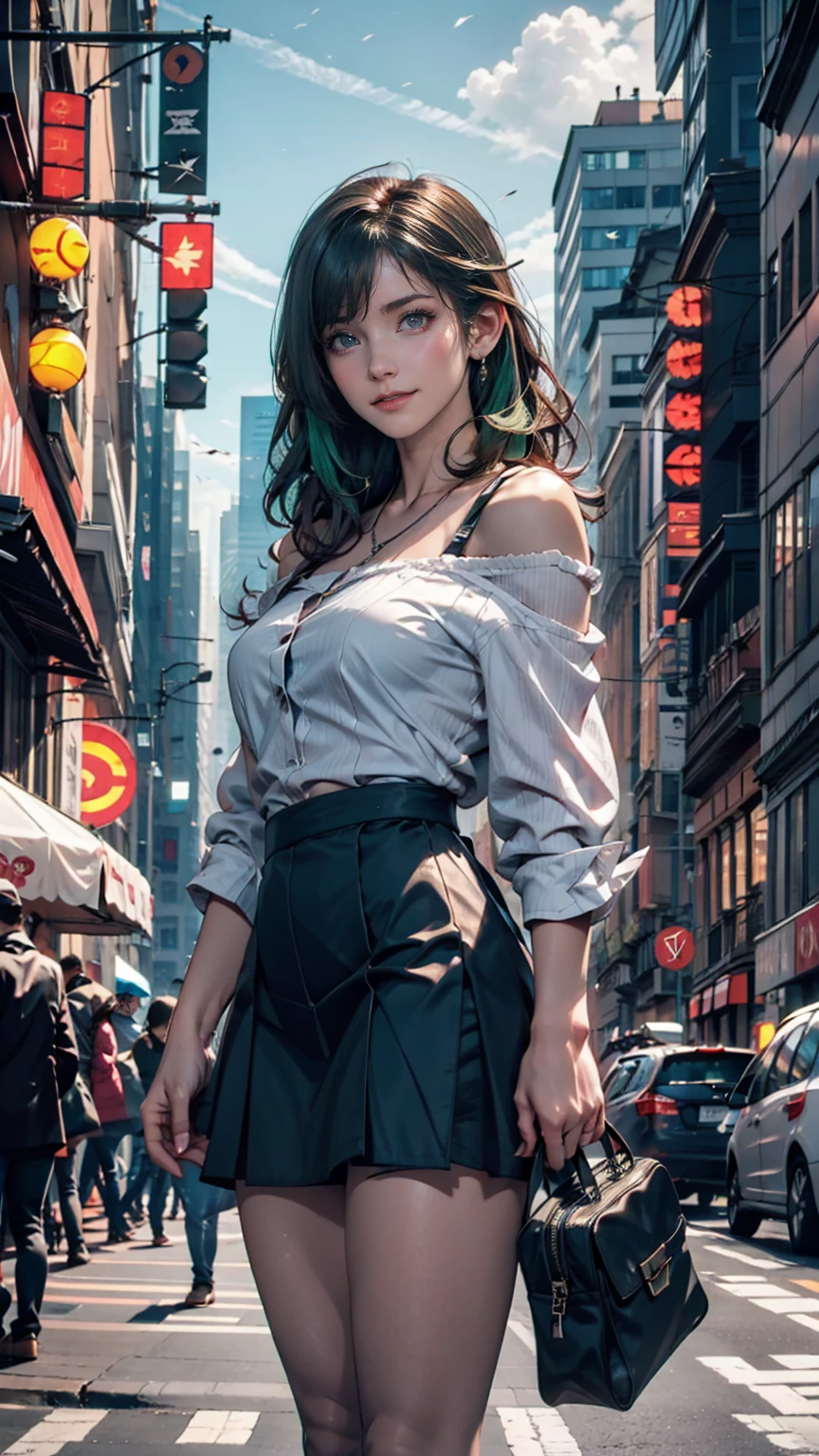 One girl, black_skirt, green_hair, building, city, cityscape, hair_between_eye, Jacket, Looking_in_Audience, Moderate_hair, Multicolor_hair, multiple_boy, night, off_shoulder, Outdoor, pleined_skirt, road, shirt, skirt, Skyscraper, smile, 一人in_concentrated, street, white_shirt