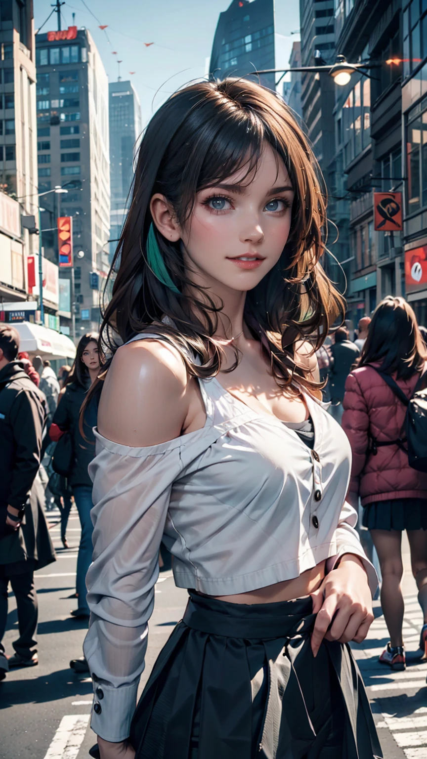 masterpiece, 最high quality, high quality, Very detailed CG uniform 8k wallpaper, One person, alone, Blue Hair, tattoo, short hair, Have, jewelry, smile, necklace, Looking at the audience, Have, Realistic, Upper Body, Best, nose, Exposing shoulders, artist name, Black tiara, clavicle, arm tattoo, blue eyes, lips, Blurry, oil, Award-winning photography, Bokeh, Depth of written boundary, High resolution, bloom, chromatic aberration, realism, Very detailed, artステーション 複雑, Attention to detail, dramatic, art:midjourney