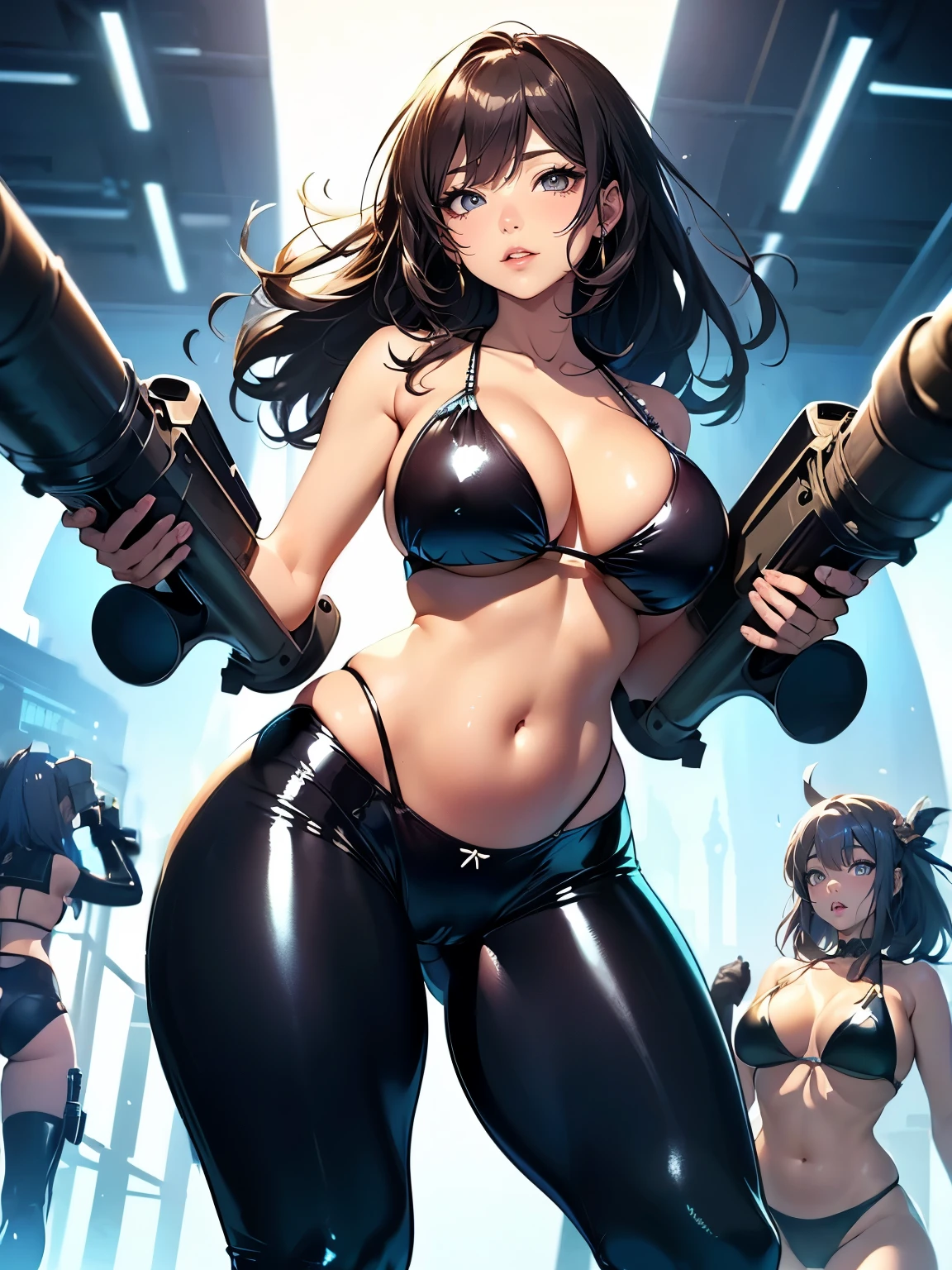 ((Seductive Anime Girl:1.2))、((Meticulously drawn hands:1.2))、Meticulously drawn hair, Meticulously drawn eye, ((Combative posing:1.2)), ((armament:1.3))、((dynamism:1.3))、((dynamic angle:1.5))、((Being in battle field:1.2))、((latex micro bikini:1.3 crop top:1.3))、((sleeveless:1.5))、((crop top navel))、((highleg:1.3))、((huge breasts:1.3))、((huge hip:1.3))、((thick thighs))、curvy、((collarbone))、((cameltoe))、((Glossy realistic skin texture))、((shiny skin))、((Meticulously drawn hands:1.2))、perfect anatomy、masterpiece, ultra-detailliert, 8k, hiquality, Top image quality, Smooth texture、watercolor
