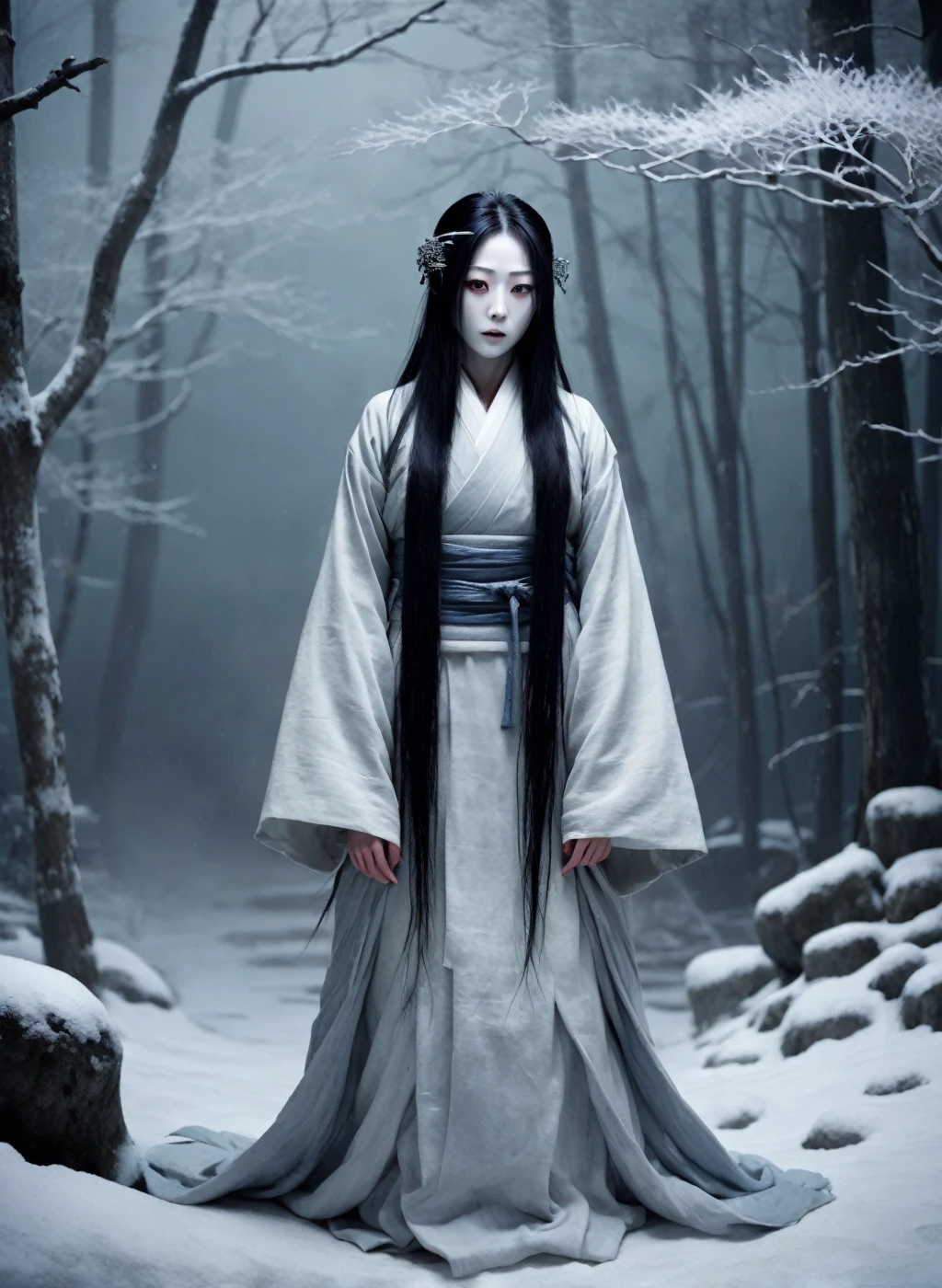 A realistic depiction of a yuki-onna in a strange pose. The setting is an Edo-period backdrop commonly seen in horror films, reminiscent of the Japanese movie 'Ju-on'. The scene is dark and atmospheric, capturing the horror aesthetic. The yuki-onna should have a ghostly appearance, with icy white skin and a haunting gaze, standing gracefully in an eerie posture.
