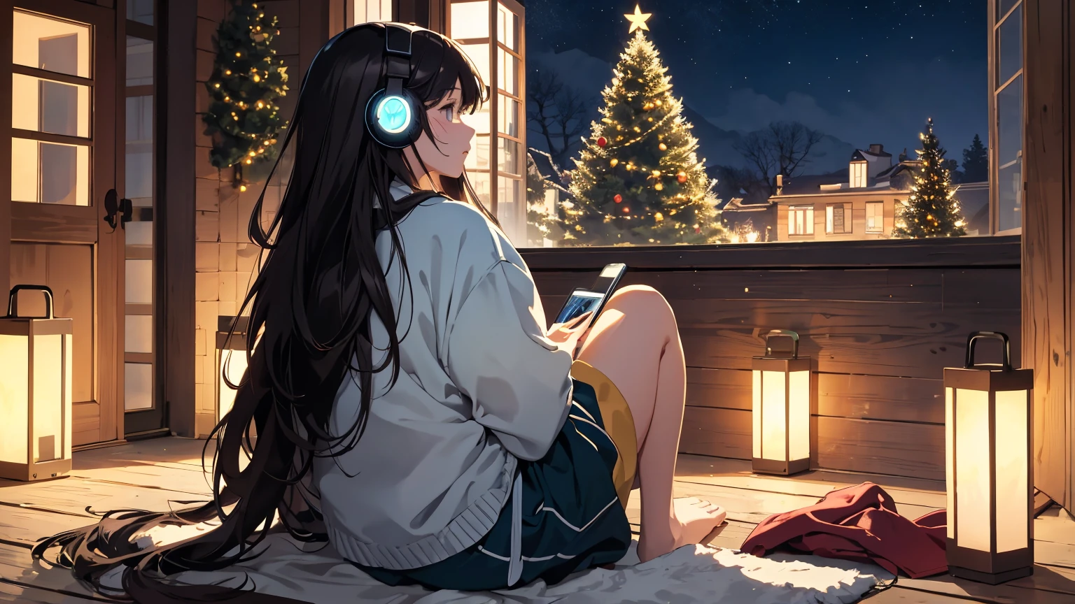 official art, unity 8k wallpaper, ultra detailed, beautiful and aesthetic, beautiful, masterpiece, best quality, a lofi relaxed girl with headphones sitting on the floor , back view, holiday vibe, night, long hair, brunette, cozy, beautiful, with a tall tree, cozy setting,
