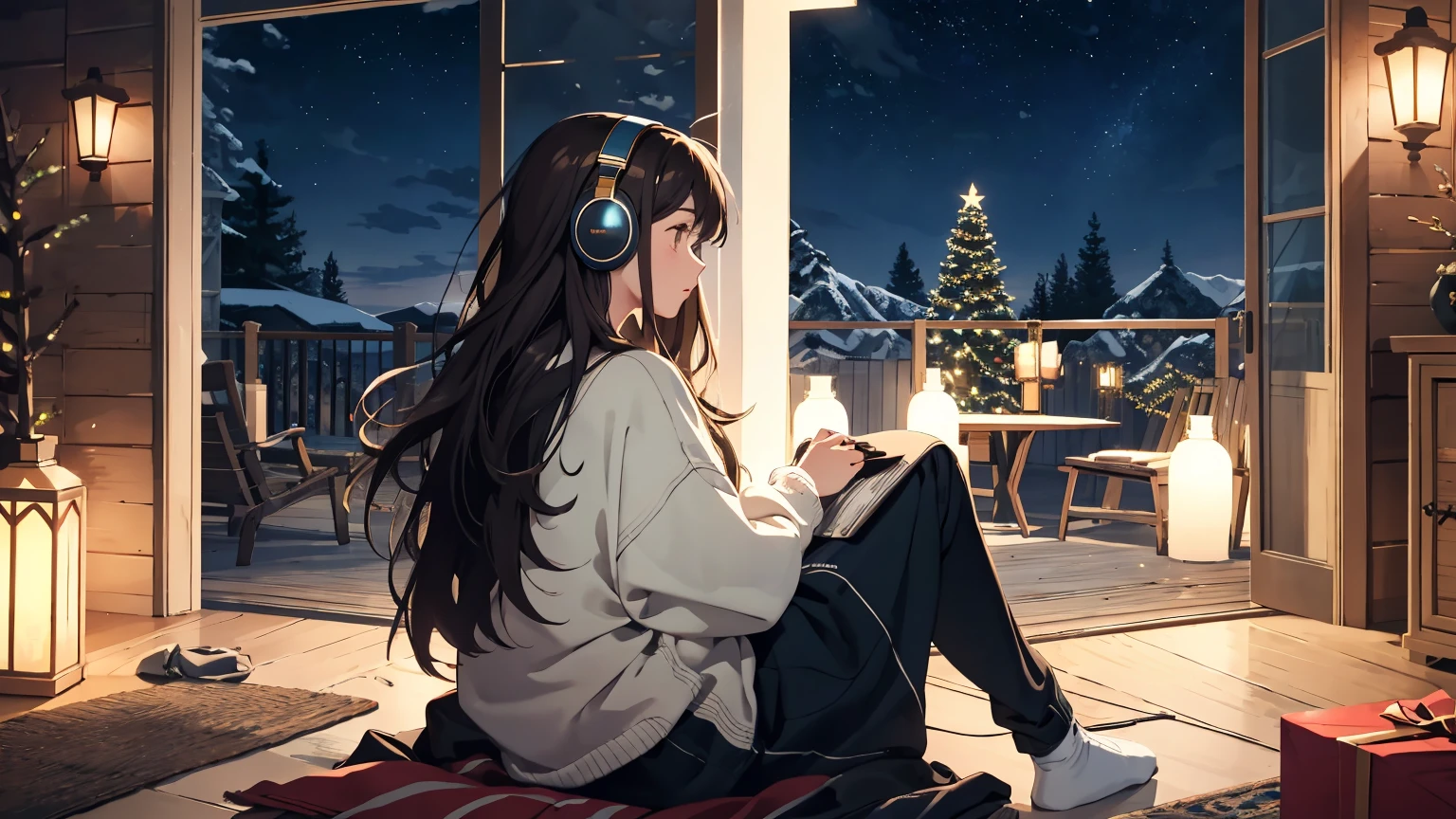 official art, unity 8k wallpaper, ultra detailed, beautiful and aesthetic, beautiful, masterpiece, best quality, a lofi relaxed girl with headphones sitting on the floor , back view, holiday vibe, night, long hair, brunette, cozy, beautiful, with a tall tree, cozy setting,