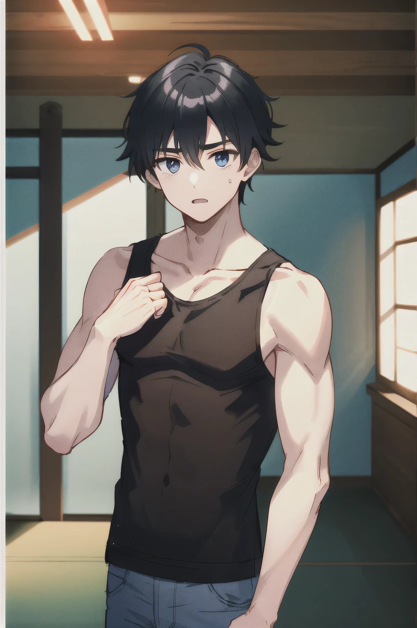 masterpiece、Highest quality、High resolution、(SAMA1:1.1)、1boy、Hino Rei as a beautiful boy、Anime Boys、solo、Long Hair、Black-haired boy、Blue Eyed Boy、Boy wearing a black tank top、Upper Body、1990s \(style\)、Cowboy Shot、Male focus、shrine、View Viewer、tank top with an black、Face Focus、Skin tight tank top、black tank top and jeans only、(male body:1.3)、