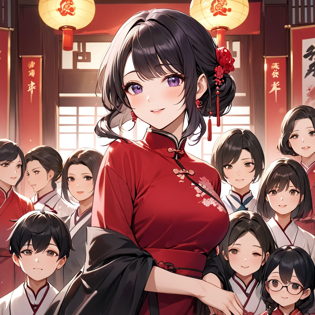 ((Highest quality)), ((masterpiece)), (detailed), （Perfect Face）、The woman is a Chinese woman named Kocho Shinobu.。, Purple gradient bob black hair and formal evening hairstyles. 彼Women are婚約指輪をはめている. 彼Women are権威ある中国共産党員であり、She is the honored wife of a great old Communist Party cadre.、The woman is beautifully dressed in a gorgeous and glamorous vintage red cheongsam, typical of the Chinese Communist Party.、An elegant Chinese lady in a posh room、Women are夫を愛して尽くす良妻賢母の素晴らしい中国人貴婦人で夫と中国に尽くす事が至上の喜びの中国共産党絶対主義、Women are８A happy large family gathering, surrounded by the many children born to her beloved husband, a Communist Party member, and a mother of two.