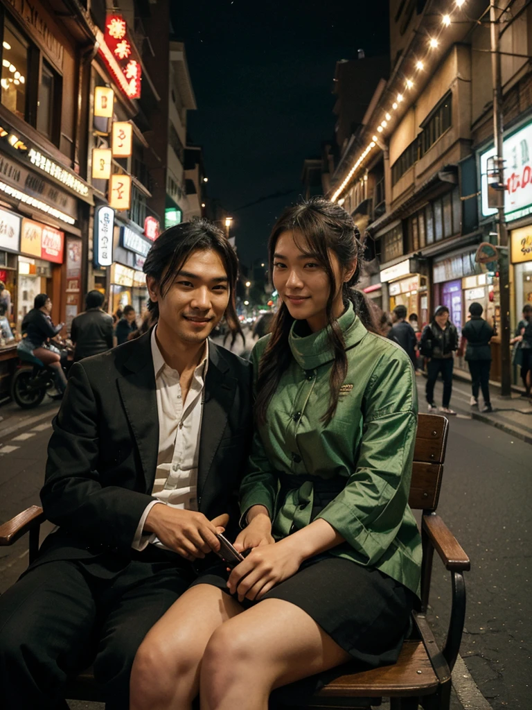 a korean man with man bun hair sits on a chair on malioboro street on a lively night scene on a busy street, the street sign'MALIOBORO',displays ornate street lamps illuminating the bench-filled pedestrian area. People sat, some engaged in conversation, while others checked their phones. Two women in headscarves sit together, surrounded by green plants. In the background, horse-drawn carriages and motorbikes crisscross the street, with traditional architecture visible under the night sky. Warm ambient lighting creates an inviting atmosphere. man is posing smiling at the camera