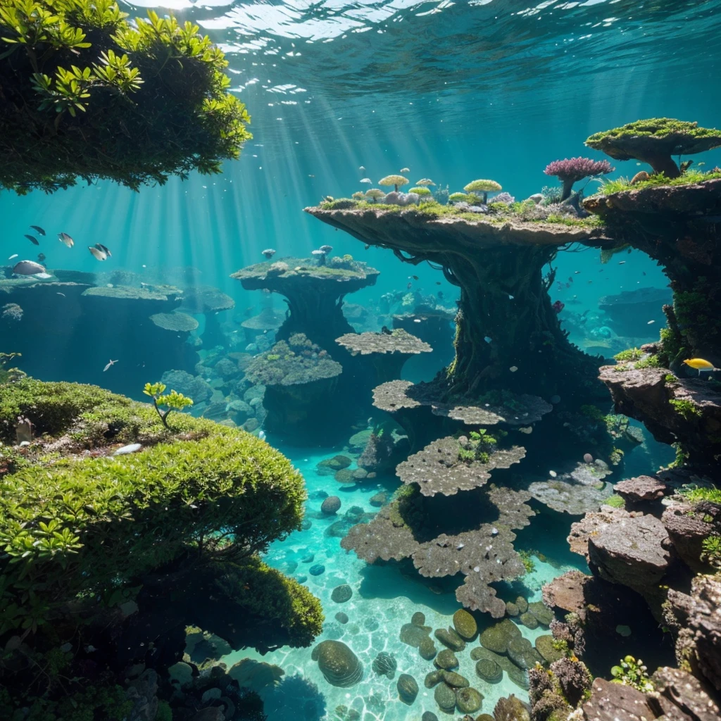 HD，超HD，The background part of the 4k image is a bright area，Sunlight shines down from above，Create beautiful light and shadow levels。 Light penetrates the water，Illuminates the entire landscape，Make details clearer,In the picture, a large tree with green underwater plants stands in the middle of the water，Massive tree roots covering rocks and other objects。The plant grows luxuriantly，Forming a vibrant underwater forest scene。These plants not only decorate the underwater environment，It also provides shelter and food for fish - ar16:9 --v6.0 -HD -upbeta