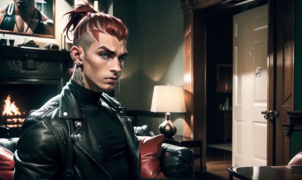"((highly detailed, detailed eyes, detailed face, clear and realistic facial features, photorealistic, realistic light; cinematic, half-body)), ((1 man)), ((((living room background)))), (((gorgeous athletic tough bully male))), (((20-year-old punk adult male))), (((uncomfortable expression))), ((imposing pose)), ((blue-green eyes)), ((long black ponytail shaved sides)), (((dressed in black and leather))), ((red tint in hair)), ((nose piercing)), ((ear piercings)), eyebrow piercing)), ((standing looking down))."