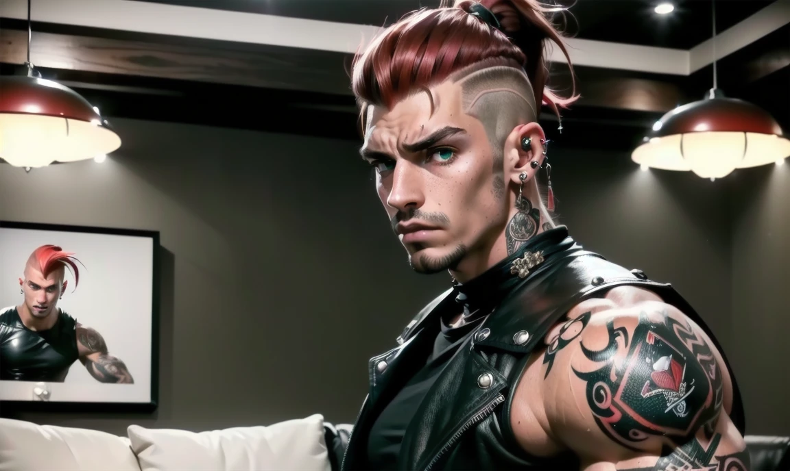 "((highly detailed, detailed eyes, detailed face, clear and realistic facial features, photorealistic, realistic light; cinematic, half-body)), ((1 man)), ((((living room background)))), (((gorgeous athletic tough bully male))), (((20-year-old punk adult male))), (((uncomfortable expression))), ((imposing pose)), ((blue-green eyes)), ((long black ponytail shaved sides)), (((dressed in black and leather))), ((red tint in hair)), ((nose piercing)), ((ear piercings)), eyebrow piercing)), ((standing looking down))."