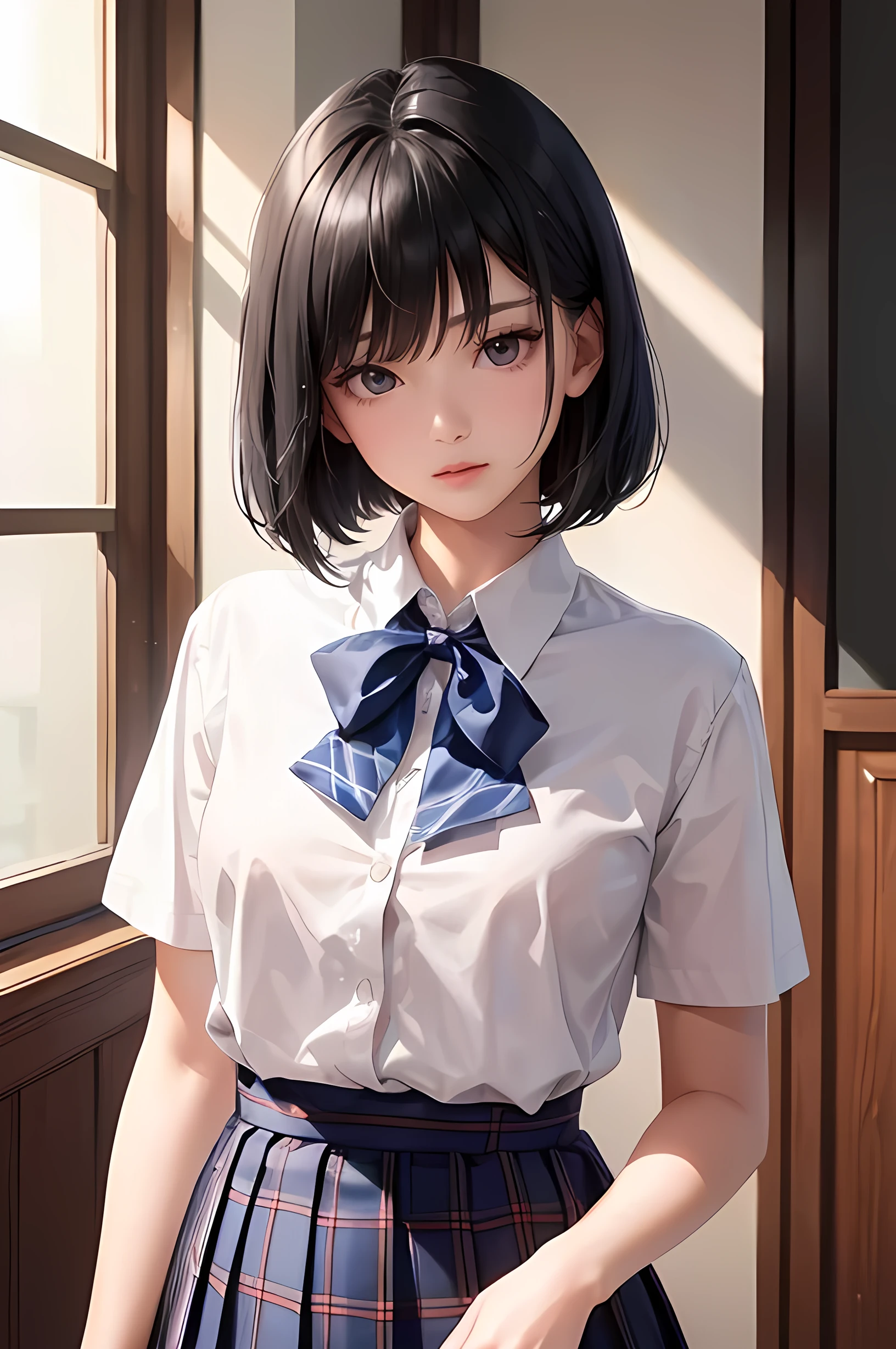 (Highest quality、Highest quality、Masterpiece、Very delicate、Very detailed、Exquisite、16K、Full HD)、1 female、(School uniform、White short sleeve button shirt、Blue ribbon、Navy and white tartan check pleated skirt)、Small breasts、Perfect body line、Glowing Skin、(Groomed eyebrows、Pink Lips、Black Eyes、Slanted Eyes、Mysterious face)、(Black Hair、Medium Bob Hair、Shiny Hair)、Dramatic lighting、Facing forward、(School)