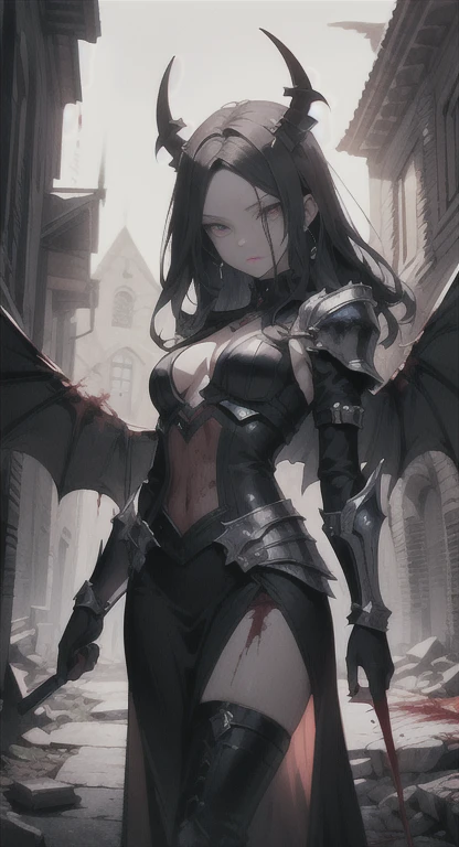 devil horns, angel wings, Halo, Glaring at viewer, slit pupils, cursed armor covered in blood, chimaera, Lilica covered in blood, medieval, village ruins, blood everywhere, lots of blood,