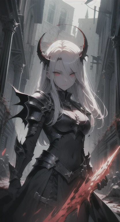devil horns, angel wings, Halo, Glaring at viewer, slit pupils, cursed armor covered in blood, chimaera, Lilica covered in blood, medieval, village ruins, blood everywhere, lots of blood,
