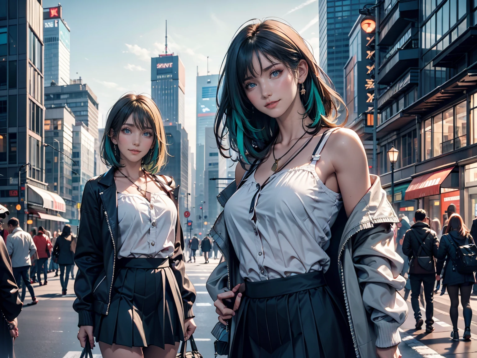 One girl, black_skirt, green_hair, building, city, cityscape, hair_between_eye, Jacket, Looking_in_Audience, Moderate_hair, Multicolor_hair, multiple_boy, night, off_shoulder, Outdoor, pleined_skirt, road, shirt, skirt, Skyscraper, smile, 一人in_concentrated, street, white_shirt