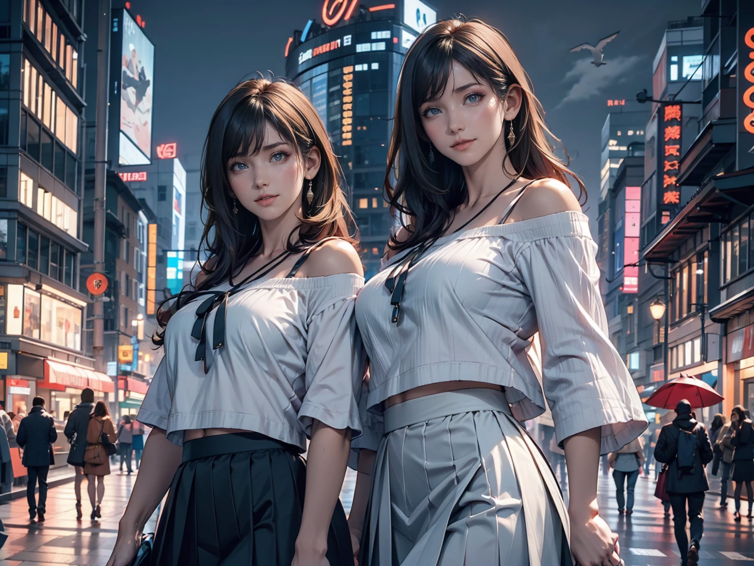 One girl, black_skirt, green_hair, building, city, cityscape, hair_between_eye, Jacket, Looking_in_Audience, Moderate_hair, Multicolor_hair, multiple_boy, night, off_shoulder, Outdoor, pleined_skirt, road, shirt, skirt, Skyscraper, smile, 一人in_concentrated, street, white_shirt