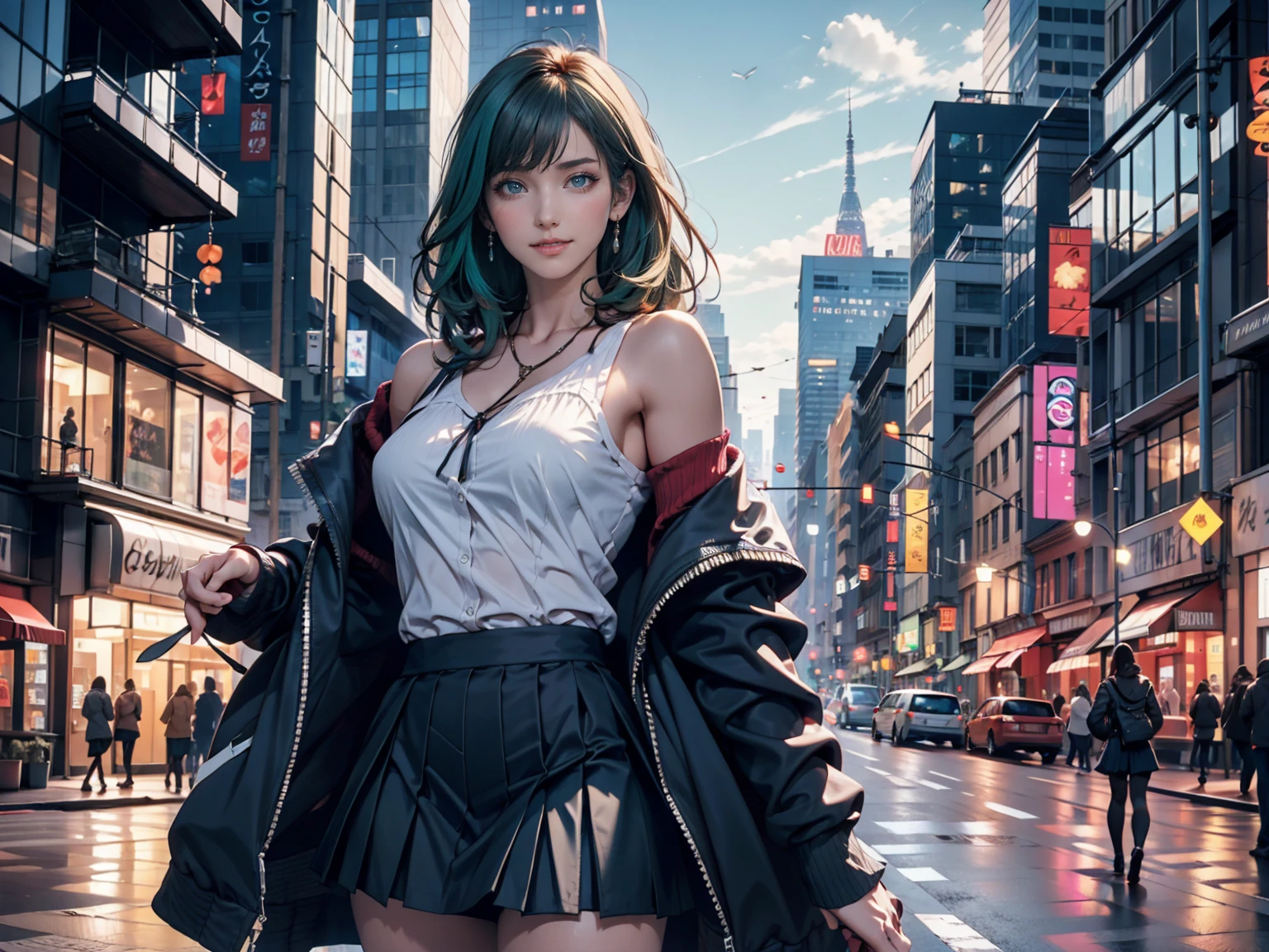 One girl, black_skirt, green_hair, building, city, cityscape, hair_between_eye, Jacket, Looking_in_Audience, Moderate_hair, Multicolor_hair, multiple_boy, night, off_shoulder, Outdoor, pleined_skirt, road, shirt, skirt, Skyscraper, smile, 一人in_concentrated, street, white_shirt