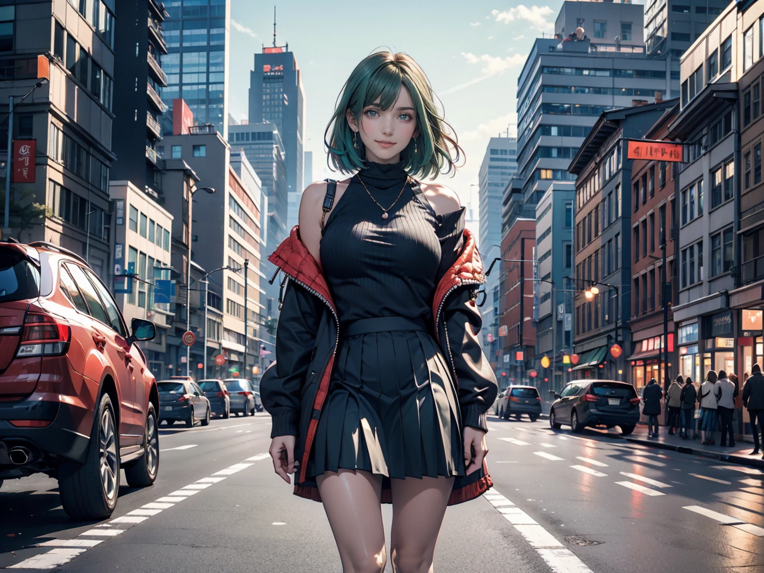 One girl, black_skirt, green_hair, building, city, cityscape, hair_between_eye, Jacket, Looking_in_Audience, Moderate_hair, Multicolor_hair, multiple_boy, night, off_shoulder, Outdoor, pleined_skirt, road, shirt, skirt, Skyscraper, smile, 一人in_concentrated, street, white_shirt