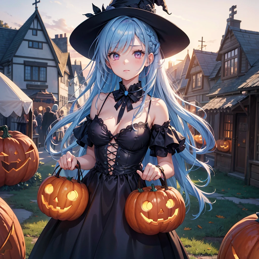 Sky blue hair, (Braided medium hair), (Pink eyes),Fair skin) ,(whole body),(One Girl),(harvest moon),(A large number of pumpkin ghosts in the background),(Trick or Treat),Halloween Party),(masterpiece, Highest quality, Very detailed, Best Shadow), (Detailed Background), (Beautifully detailed face), High Contrast, (Best lighting, Very delicate and beautiful), ((Cinematic Light)), Hyper Detail,8k, Dramatic Light, Intricate details,Witch's Clothes,Magic broom,Dim evening,