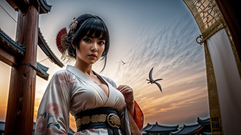 GEISHA- SEXY- LIFTED KIMONO- UPPER BODY- THICK THIGHS- TEMPLE- MEDIEVAL- SWORDS- WARRIOR- SEXY FACE- DETAILED HD- LOW FRAME - BEAUTIFUL- GATER BELT- DETAILED CORCELET- REAR- LOW ANGLE- SUNSET IN BACKGROUND- LACE DETAILED- BIRDS IN THE SKY- STRAIGHT BLACK HAIR WITH BANGS
