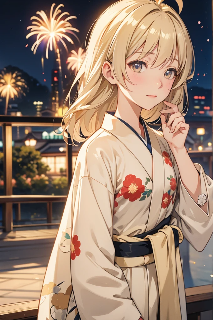 Takanashi hoshino kimono firework night, beige colored hair 