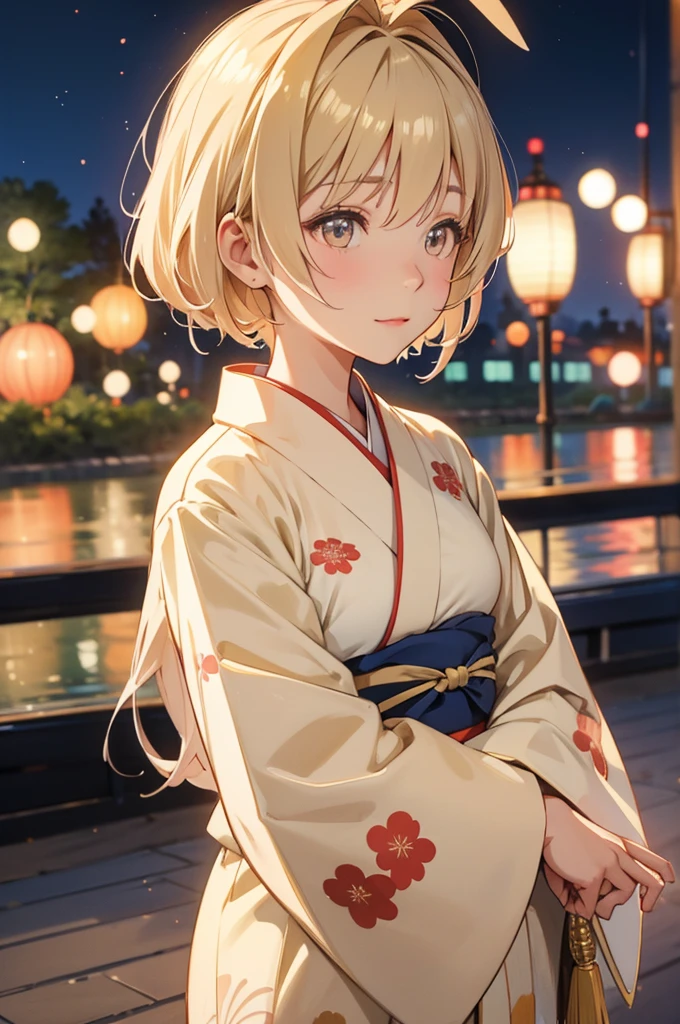 Takanashi hoshino kimono firework night, beige colored hair 