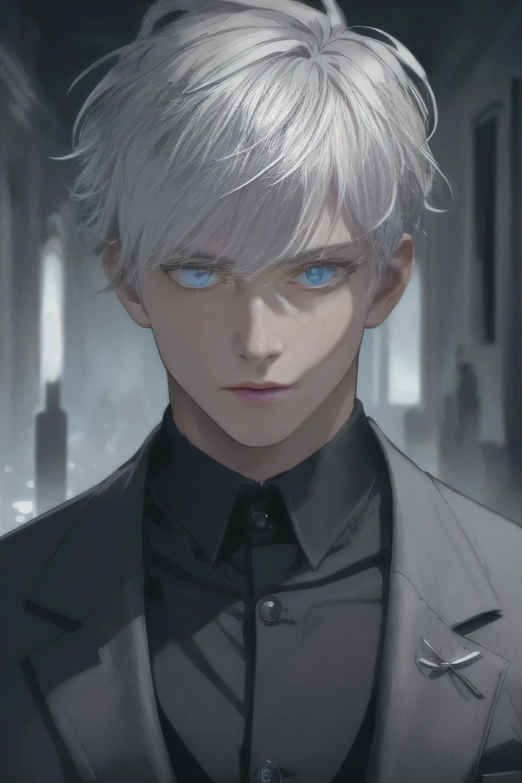 (Highest quality:1.3), cinematic shot, masterpiece, (sharp focus:1.5), (photorealistic:1.3), 1boy, medium portrait of (gojo saturo, standing, slightly deadly blue eyes ,super detailed, highlighted white hair, wearing black formal suit, a few torches burn on the walls, giving , but sculpting the forms in sharp chiaroscuro), it is night time, (highly detailed skin), (detailed face),(portrait),(calm body gesture), detailed background, dark lighting, twilight lighting, volumetric lighting, intricate details, UHD, 8k,colorful illustration,(front view).