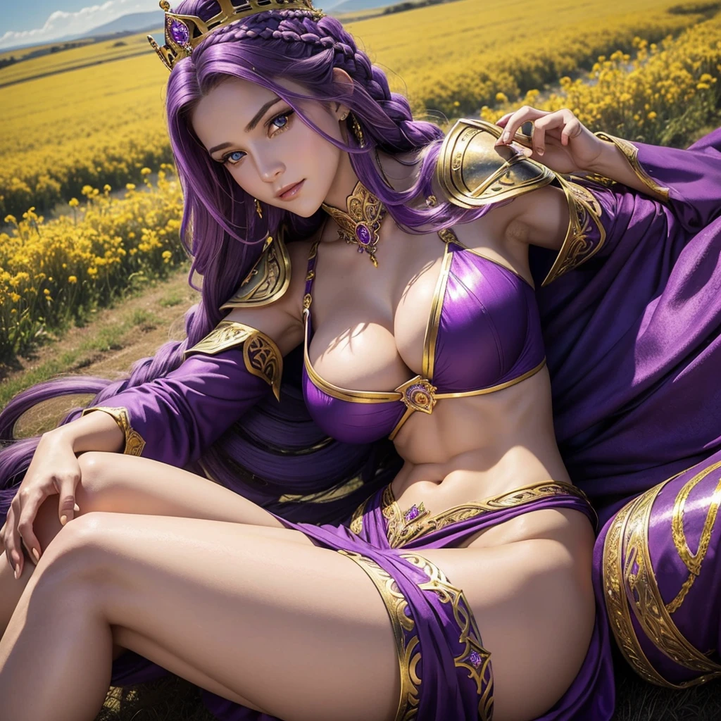 Beautiful Caucasian woman. Just a woman. Alone. One character. Queen. Medieval western woman. Long hair with 1 braid. Purple hair. Bright purple eyes. Warrior woman. Beautiful woman. Fit body. Round breasts. Breasts on display. Erotic and sensual outfit. She is wearing shiny gold armor with several purple details. On her head the woman has a delicate gold crown with purple jewels. The woman has a cheerful expression. Looking straight ahead. Full length portrait. She is in a large field during a sunny day. Dynamic light. Dynamic shadows.