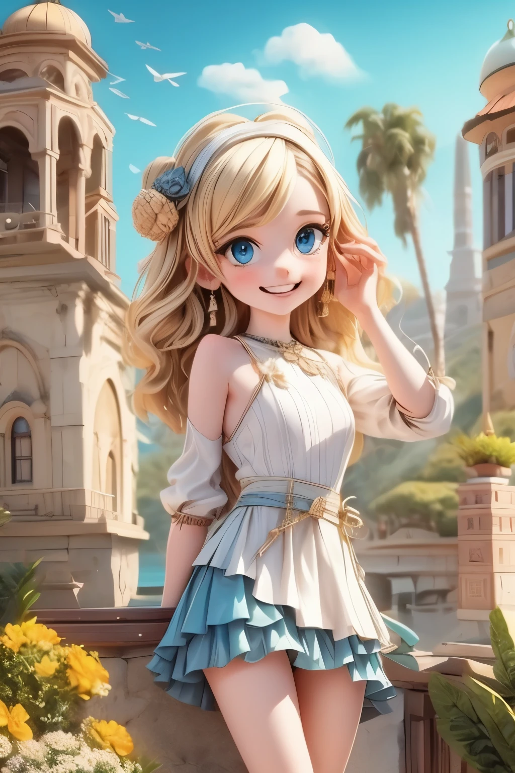 village realisticlying、Virginia Otis ****************、City of victorian age, Europe. aristocrat girl、Looking up from below、Depiction of blonde hair blue eyes wear long sleeve sheer fabric dress、Various sexy poses、Face smile、Depicts the whole body、