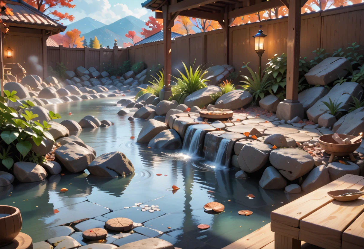 medieval onsen, debris, dark, darkness, masterpiece quality, ultra HD, 4K, best quality