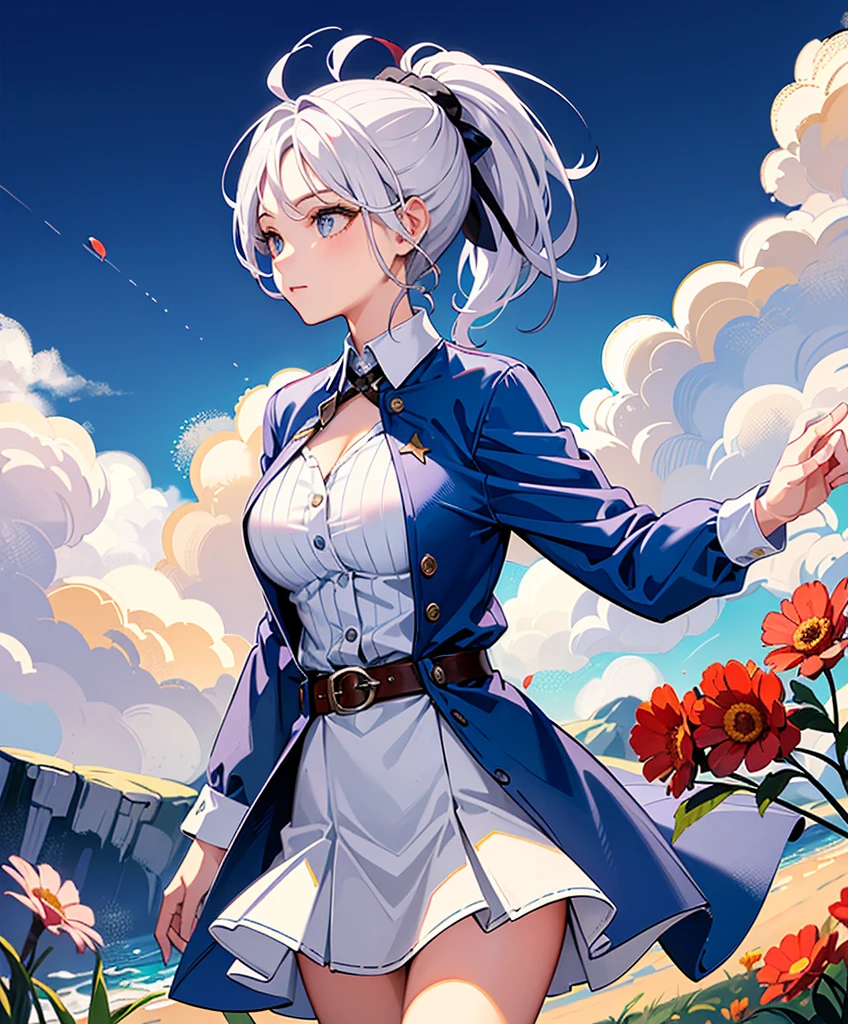 best quality,masterpiece,Vivid Colors,absurdres,1girl,medium breasts,(cowboy shot:1.5),profile,xxmixgirl,beautiful face,big eyes,looking at viewer,upper body,bright gaze,medium long shot,face toward viewer,ponytail,floating hair,reanching flowers,flower around,lineart dancer,