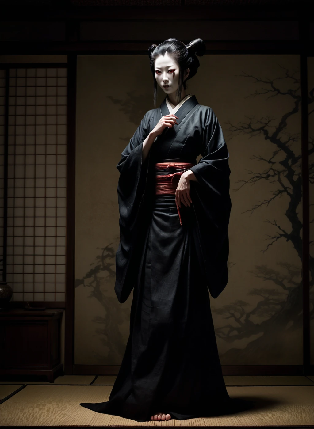 A realistic depiction of a rokurokubi in a strange pose. The setting is an Edo-period backdrop commonly seen in horror films, reminiscent of the Japanese movie 'Ju-on'. The scene is dark and atmospheric, capturing the horror aesthetic. The rokurokubi should have an elongated neck in a haunting way, with a ghostly appearance, standing in an eerie posture.