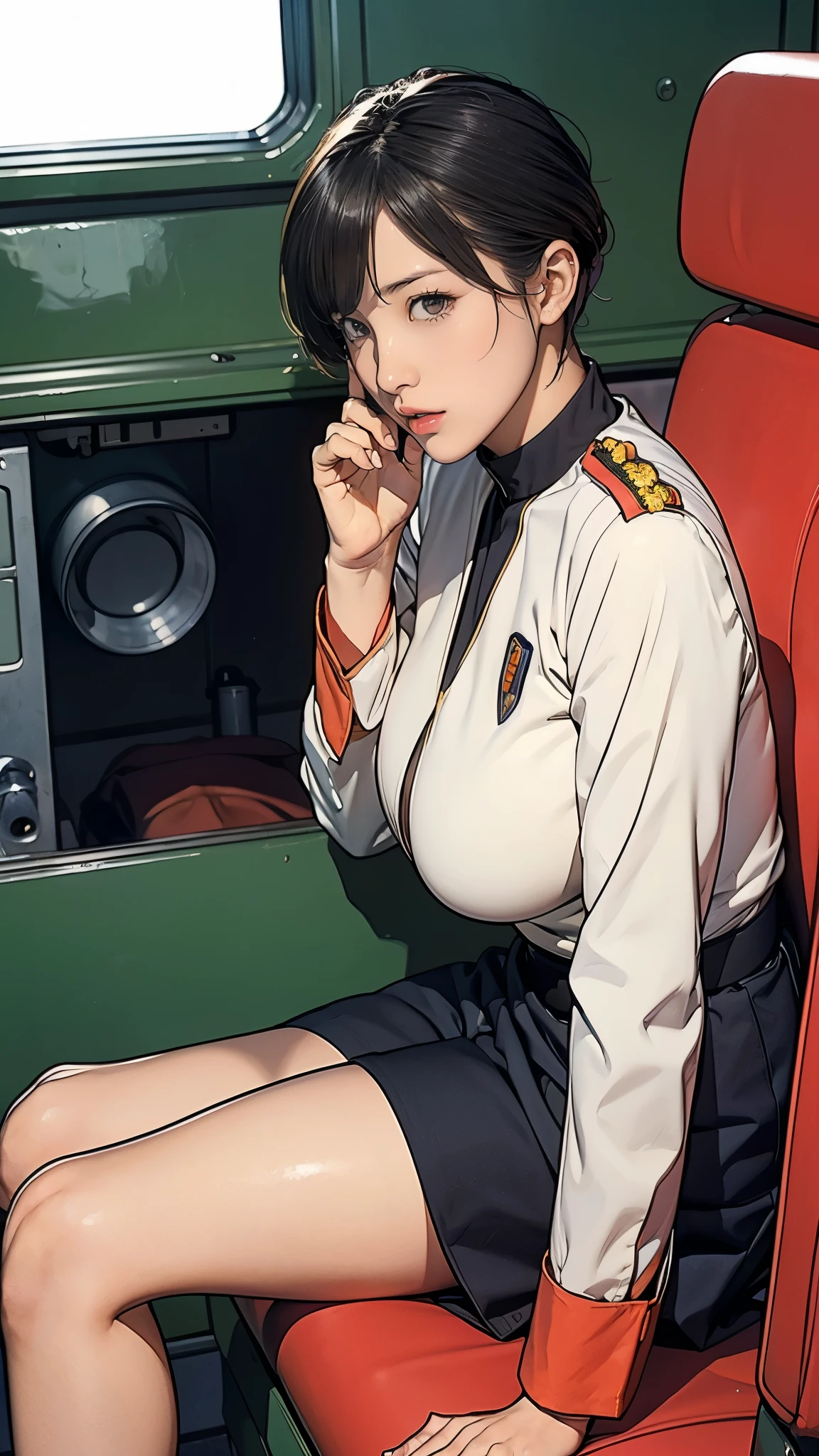 、Earth Federation Operator Girl Soldier、Black short hair、Large Breasts、Cute like an idol、Childish face and appearance、Operator intercom mounted on head、Accurately drawn faces、thin、健康的なKnee-lengthスカート風の地球連邦軍、Knee-length、Inside the bridge of a battleship、Low angle shot、Anatomically correct、Accurate Fingers、Accurate Rimbuster Piece、Photorealization