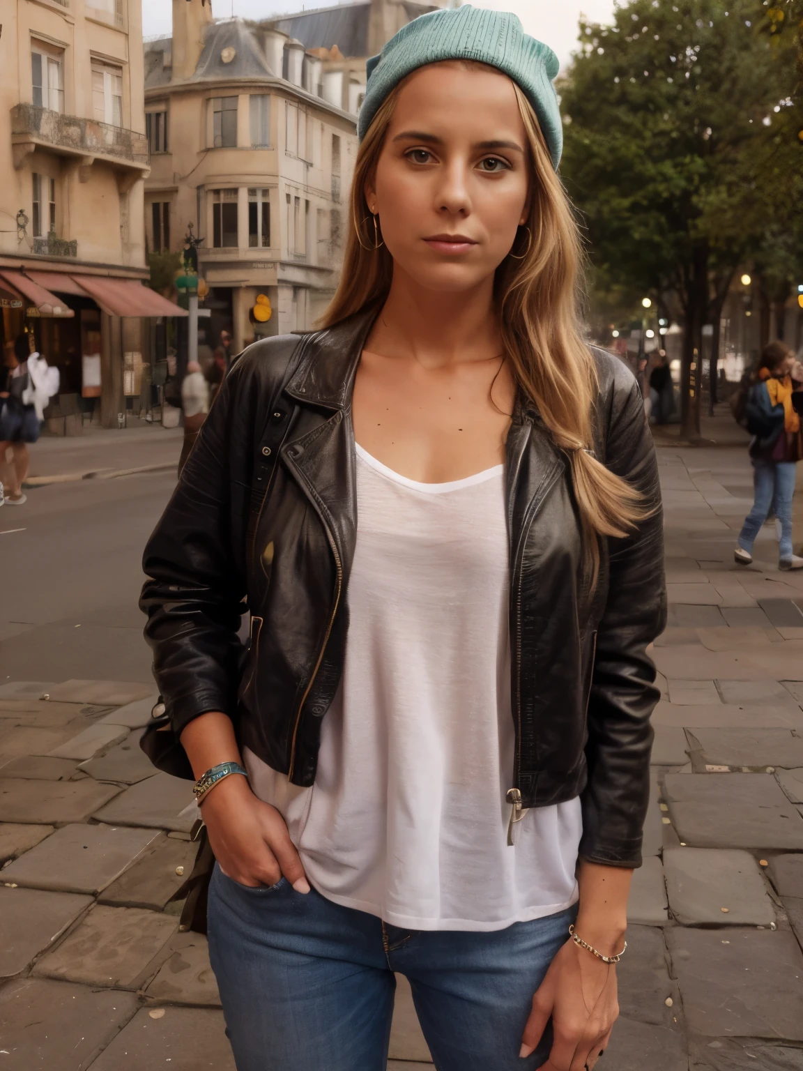 A blond woman in an 1990s fashion ensemble with high-waisted jeans, a bright, oversized sweater, and chunky sneakers stands atop the hill of Montmartre, gazing out at the breathtaking panorama of Paris. The Sacré-Coeur basilica gleams white in the afternoon sun, its majestic domes and spires reaching towards the sky. Below, the city unfolds like a tapestry of winding streets, grand buildings, and lush green parks.
The Sacré-Coeur is a masterpiece of Romanesque-Byzantine architecture. Its white stone facade is adorned with intricate carvings and sculptures, while the interior boasts richly decorated chapels and stained glass windows. Visitors mill around the basilica, taking in the sights and soaking in the spiritual atmosphere.
Mosaic tile patterns, wrought iron lamp posts, cobblestone pathways, Parisian benches, ornate street signs, pigeons fluttering, artists with easels, colorful street art, cassette players, neon signs, street vendors with souvenirs, street performers, flower pots with blooming geraniums, tourists with cameras, vintage bicycles, decorative fountains, ivy-covered walls, wooden carts with fresh produce, roller skates, Polaroid cameras, walkmans, boomboxes, street musicians, graffiti art, leather jackets, stone steps, public telephones, handheld video cameras, colorful backpacks, skateboarders, street vendors selling crepes, tourists with guidebooks, postcards, scarves and beanies, sunglasses, denim jackets, retro wristwatches, keychains with Eiffel Tower charms, pastel-colored scarves, French flags, street vendors with hot chocolate, stained glass reflections, ivy vines, decorative archways, roller blades, neon-colored accessories, tourists with fanny packs, bustling crowds, street performers with guitars, berets, colorful street signs, vintage postcards, shoulder pads, aviator sunglasses, friendship bracelets, braided hair, oversized earrings, street artists drawing caricatures,