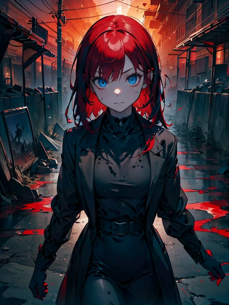 blue eyes,　Red Hair、boy１people、In the spotlight, The background is a dark and desolate landscape, Horror movie atmosphere. Emphasizing the dark and crazy elements. Skillfully expressing the effects of light and shadow, detailed, The face and expression of the black costume are also carefully drawn.....,(Tilt your head:1.2), ([sketch|watercolor \(Moderate\)]:1.15),Chaotic abstract background, Vector Trace, Gradient blending and whole body, Artistic elements add depth to the work. The overall atmosphere is creepy and nightmarish....., With a unique artistic touch. This movie is、The dark and crazy world of horror movies depicted in HD., Evoke visual stimuli and aesthetic sense