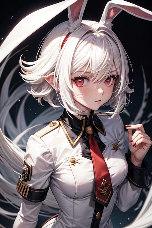 hairs: white and short, usually with a shaggy style.eyeballs: Red and penetrating.ears: Long and white, characteristics of a rabbit.tenue: Heroine uniform with black and white details, which is quite athletic and fit