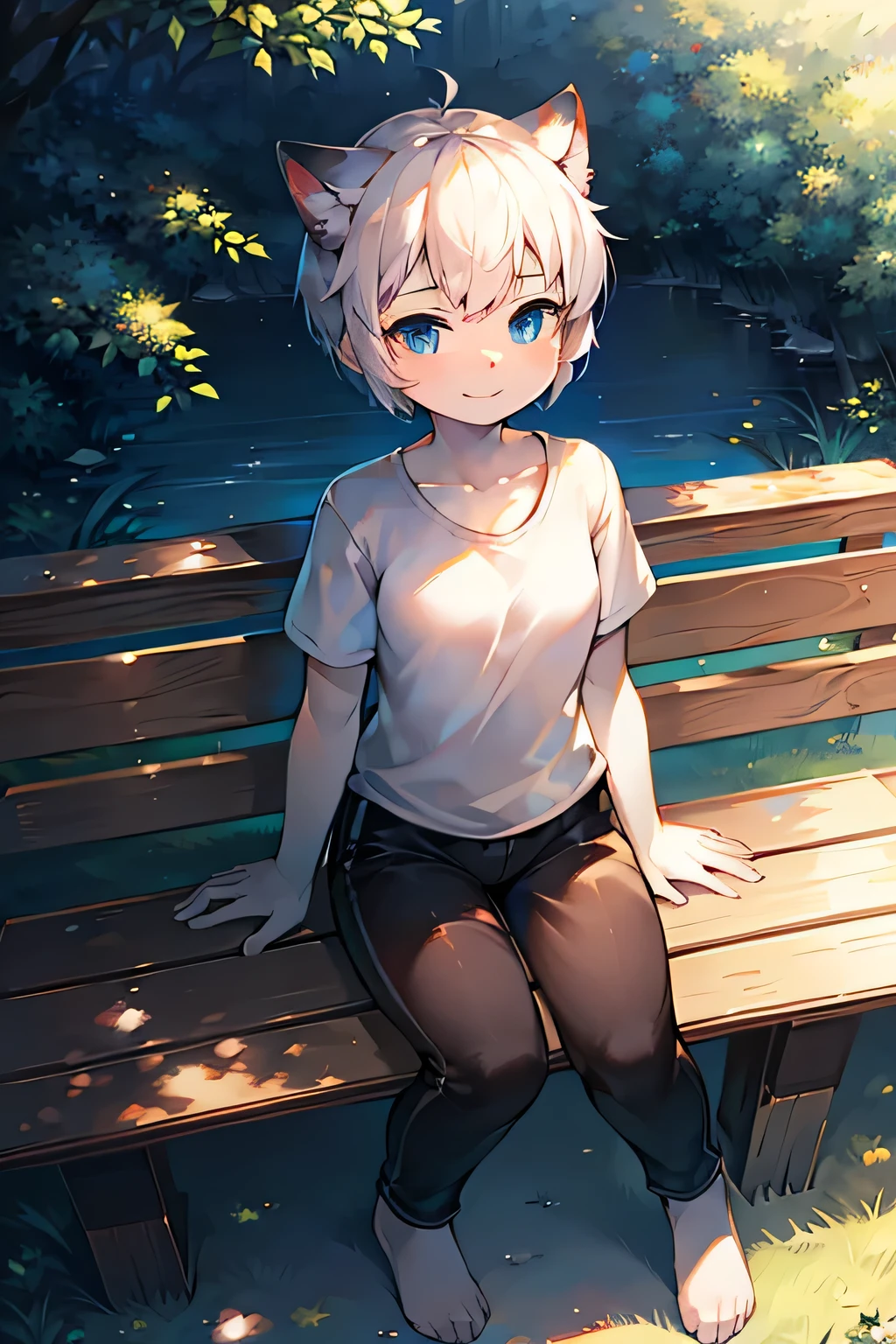 anime style, masterpiece,best quality,super fine illustration, super detailed, dynamic angle, beautiful detailed, 8k, On a summer day,cat years,girl,cute,blue eyes,short hair,white hair,white T-shirt,black pants, little smile,Break she is sitting on bench.