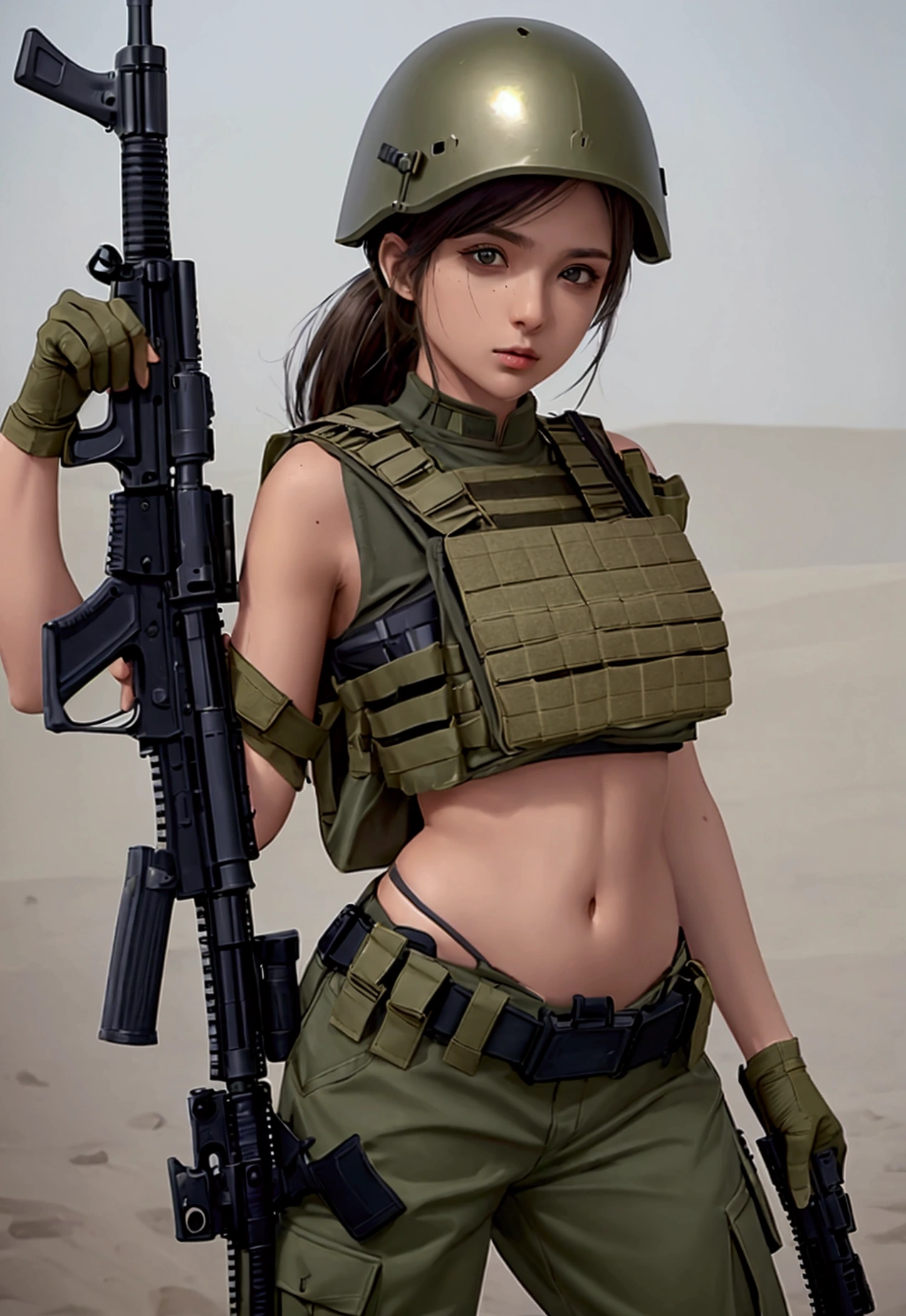 Women in crop top military bulletproof vest , military green cargo pants, belt, military helmet, tactical, (open navel), ((holding assault rifle))