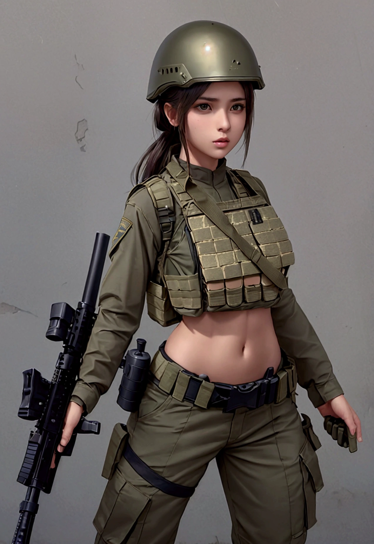 Women in crop top military bulletproof vest , military green cargo pants, belt, military helmet, tactical, (open navel), ((holding assault rifle))