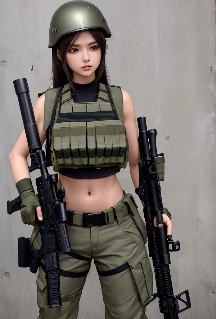 Women in crop top military bulletproof vest , military green cargo pants, belt, military helmet, tactical, (open navel), ((holding assault rifle))
