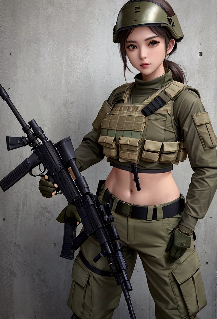 Women in crop top military bulletproof vest , military green cargo pants, belt, military helmet, tactical, (open navel), ((holding assault rifle))