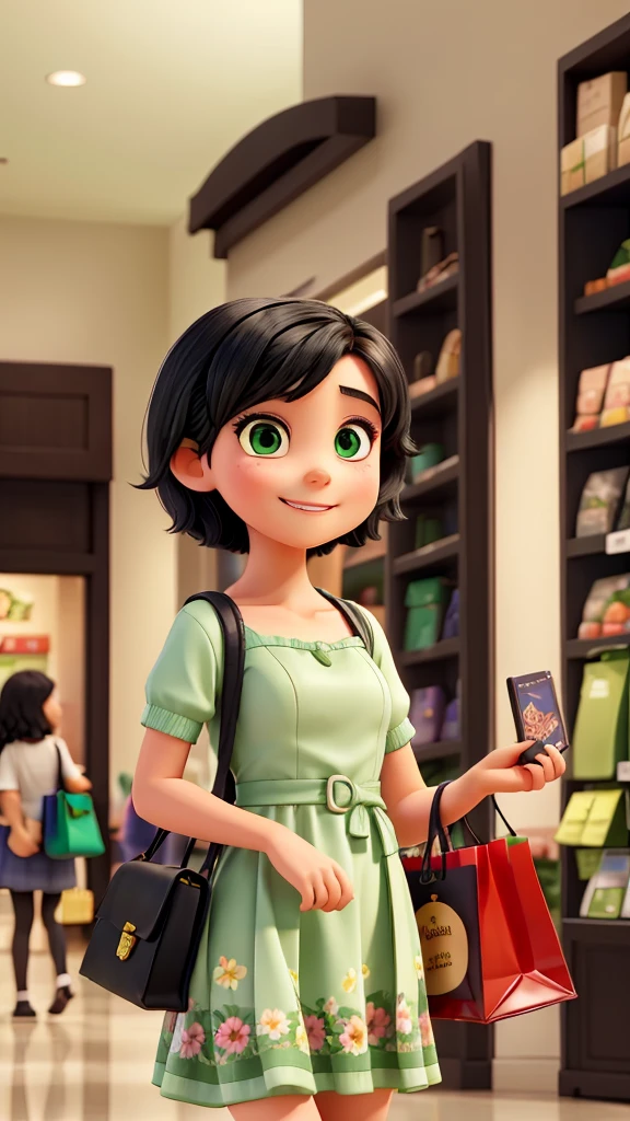 a young woman with short black hair. green eyes. She is at the mall shopping and has some bags. She is smiling and happy. She is wearing a short, flowery dress.