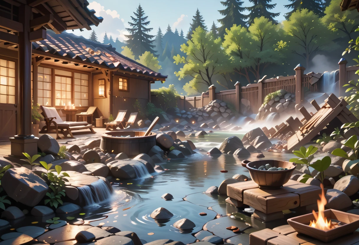 medieval onsen, debris, dark, darkness, spring, masterpiece quality, ultra HD, 4K, best quality