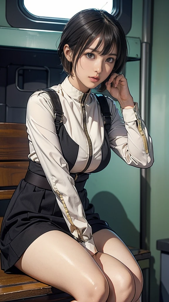 -yeld giEarth Federation Operator Girl Soldier、Black short hair、Large Breasts、Cute like an idol、Childish face and appearance、Operator intercom mounted on head、Accurately drawn faces、thin、健康的なKnee-lengthスカート風の地球連邦軍、Knee-length、Inside the bridge of a battleship、Low angle shot、Anatomically correct、Accurate Fingers、Accurate Rimbuster Piece、Photorealization