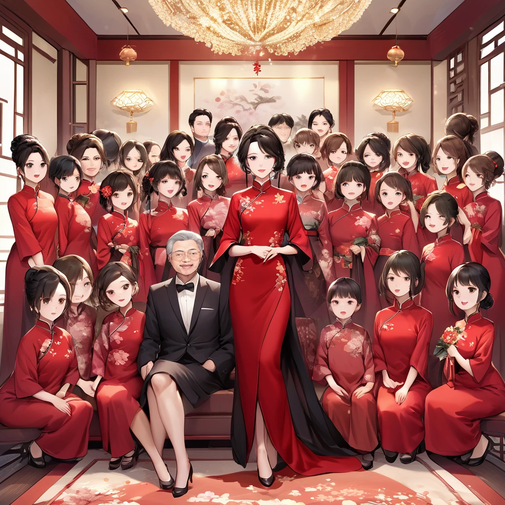 ((Highest quality)), ((masterpiece)), (detailed), (Perfect Face)、The woman is a Chinese woman named Kocho Shinobu.。, Purple gradient bob black hair and formal evening hairstyles. 彼Women are婚約指輪をはめている. 彼Women are権威ある中国共産党員であり、She is the honored wife of a great old Communist Party cadre.、The woman is beautifully dressed in a gorgeous and glamorous vintage red cheongsam, typical of the Chinese Communist Party.、An elegant Chinese lady in a posh room、Women are夫を愛して尽くす良妻賢母の素晴らしい中国人貴婦人で夫と中国に尽くす事が至上の喜びの中国共産党絶対主義、Women are8A happy large family gathering, surrounded by the many children born to her beloved husband, a Communist Party member, and a mother of two.