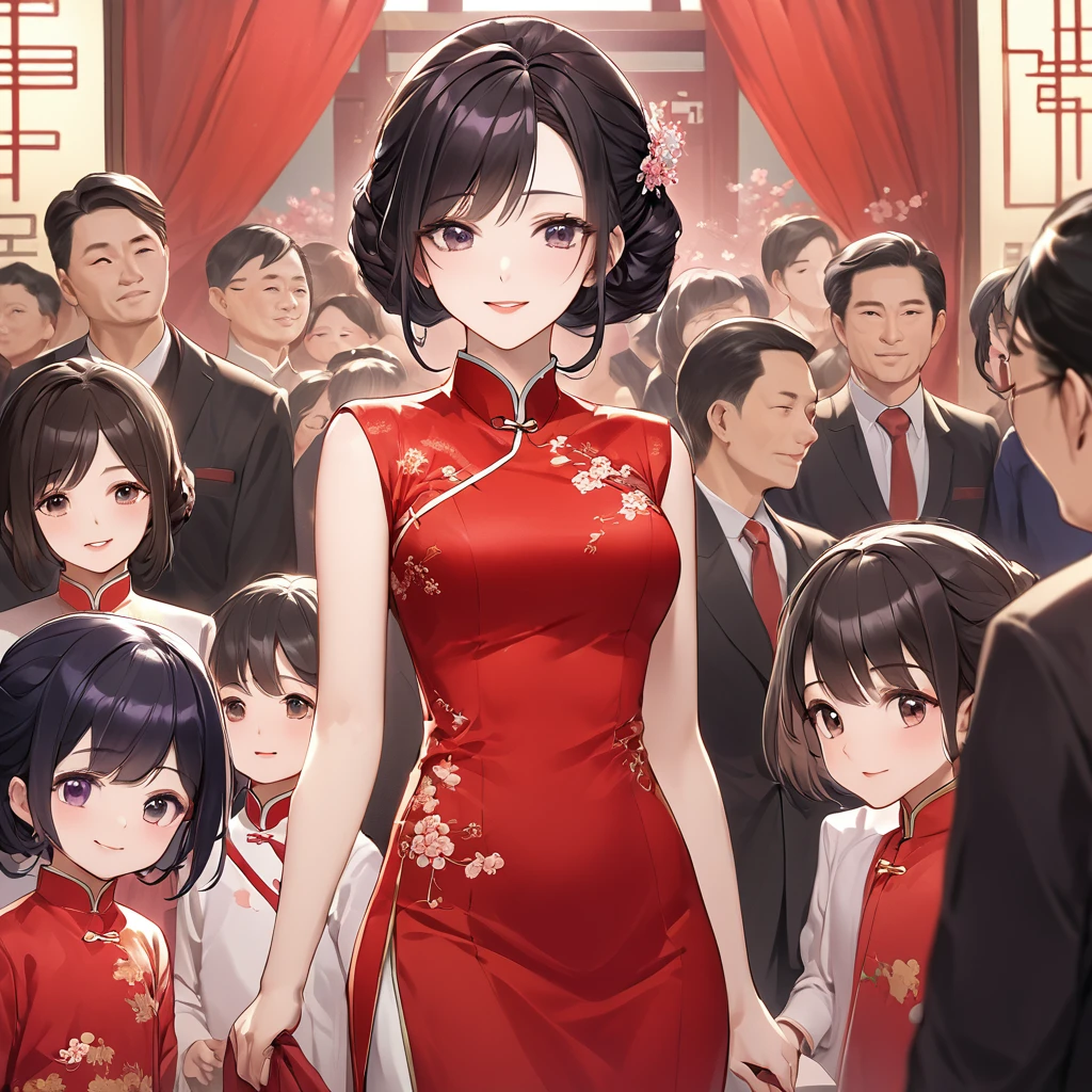 ((Highest quality)), ((masterpiece)), (detailed), (Perfect Face)、The woman is a Chinese woman named Kocho Shinobu.。, Purple gradient bob black hair and formal evening hairstyles. 彼Women are婚約指輪をはめている. 彼Women are権威ある中国共産党員であり、She is the honored wife of a great old Communist Party cadre.、The woman is beautifully dressed in a gorgeous and glamorous vintage red cheongsam, typical of the Chinese Communist Party.、An elegant Chinese lady in a posh room、Women are夫を愛して尽くす良妻賢母の素晴らしい中国人貴婦人で夫と中国に尽くす事が至上の喜びの中国共産党絶対主義、Women are8A happy large family gathering, surrounded by the many children born to her beloved husband, a Communist Party member, and a mother of two.