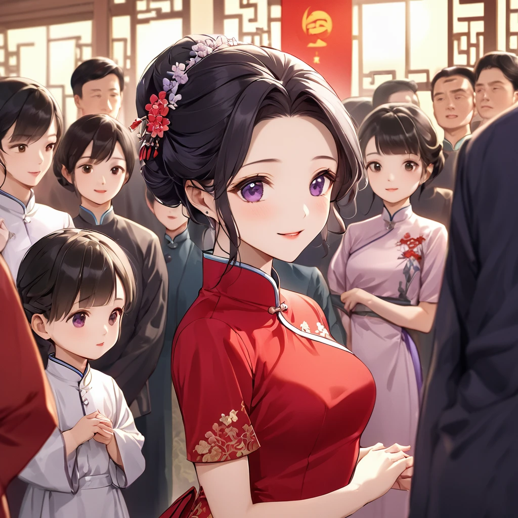 ((Highest quality)), ((masterpiece)), (detailed), (Perfect Face)、The woman is a Chinese woman named Kocho Shinobu.。, Purple gradient bob black hair and formal evening hairstyles. 彼Women are婚約指輪をはめている. 彼Women are権威ある中国???員であり、She is the honored wife of a great old Communist Party cadre.、The woman is beautifully dressed in a gorgeous and glamorous vintage red cheongsam, typical of the Chinese Communist Party.、An elegant Chinese lady in a posh room、Women are夫を愛して尽くす良妻賢母の素晴らしい中国人貴婦人で夫と中国に尽くす事が至上の喜びの中国???絶対主義、Women are8A happy large family gathering, surrounded by the many children born to her beloved husband, a Communist Party member, and a mother of two.