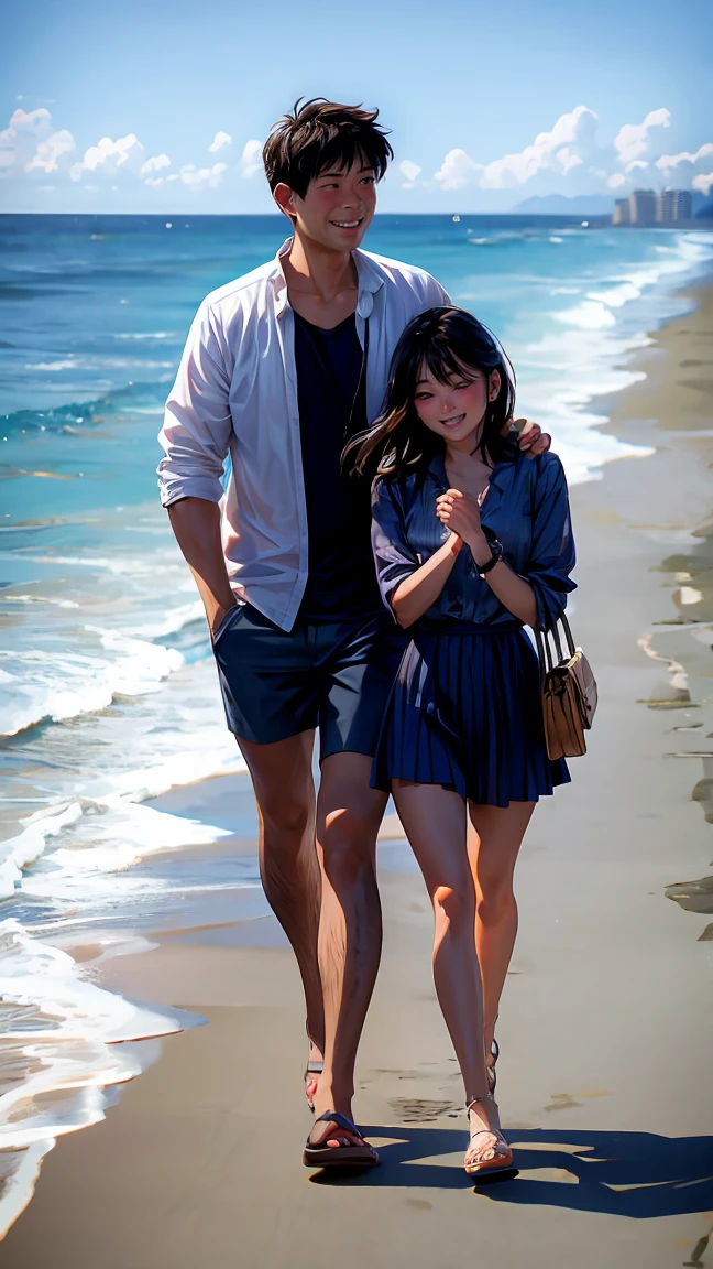 A couple walking into near by ocean beach and they talk to few romantic speech 