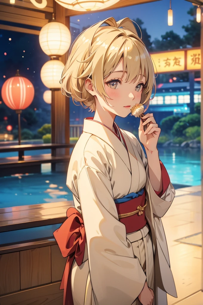 Takanashi hoshino kimono firework night beige colored hair, tailed haired