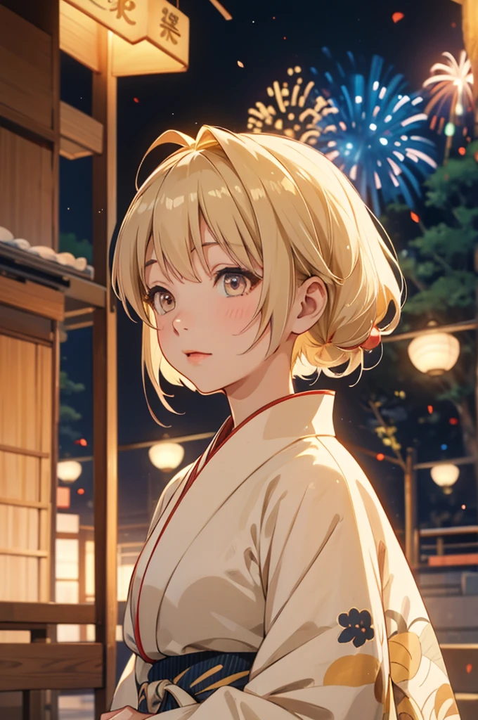 Takanashi hoshino kimono firework night beige colored hair, tailed haired